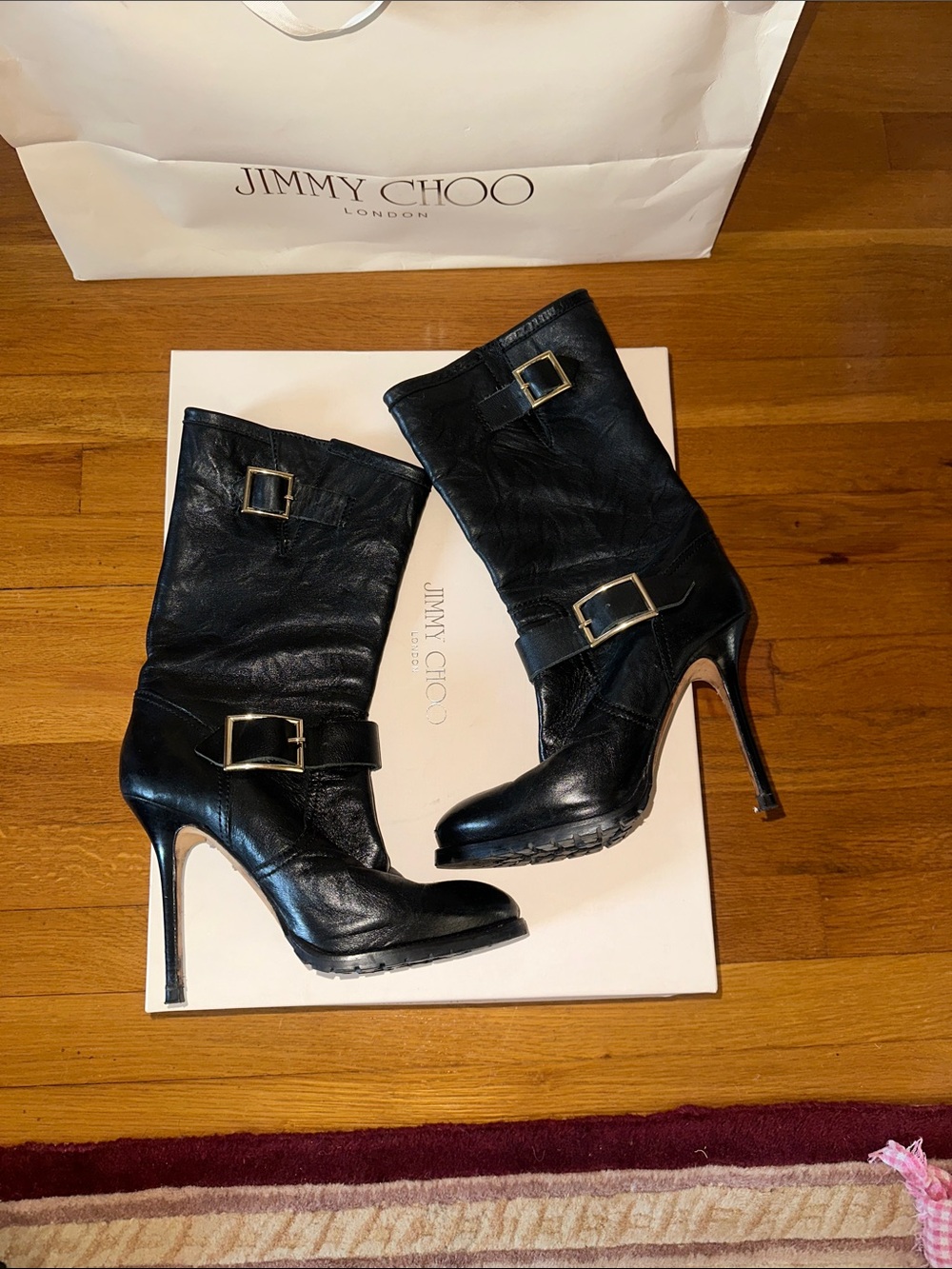 Jimmy Choo “Galen” Biker Leather Unlined Black Mid-Calf Stiletto Boots